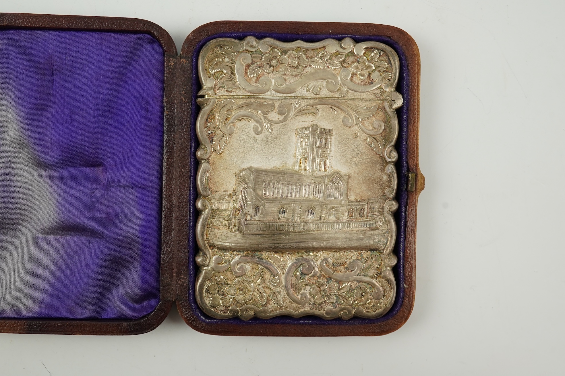 A Victorian silver 'castle top' card case by Hilliard & Thomason?